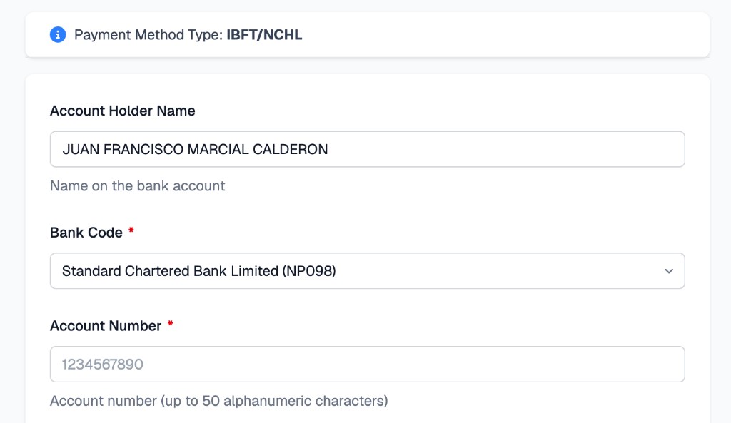 Payout form with a bank code selected from a dropdown