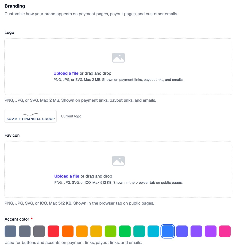 Branding settings for a logo, favicon, and accent color used on payment pages, payout pages, and emails