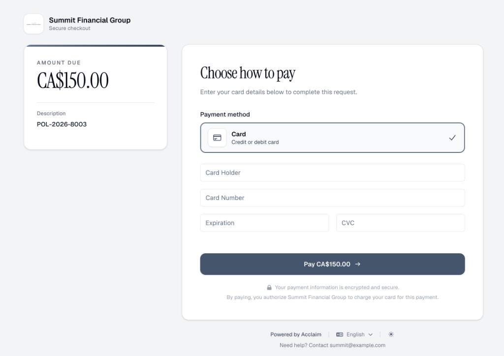 Hosted checkout for a payment link, with the amount due, policy reference, and card details