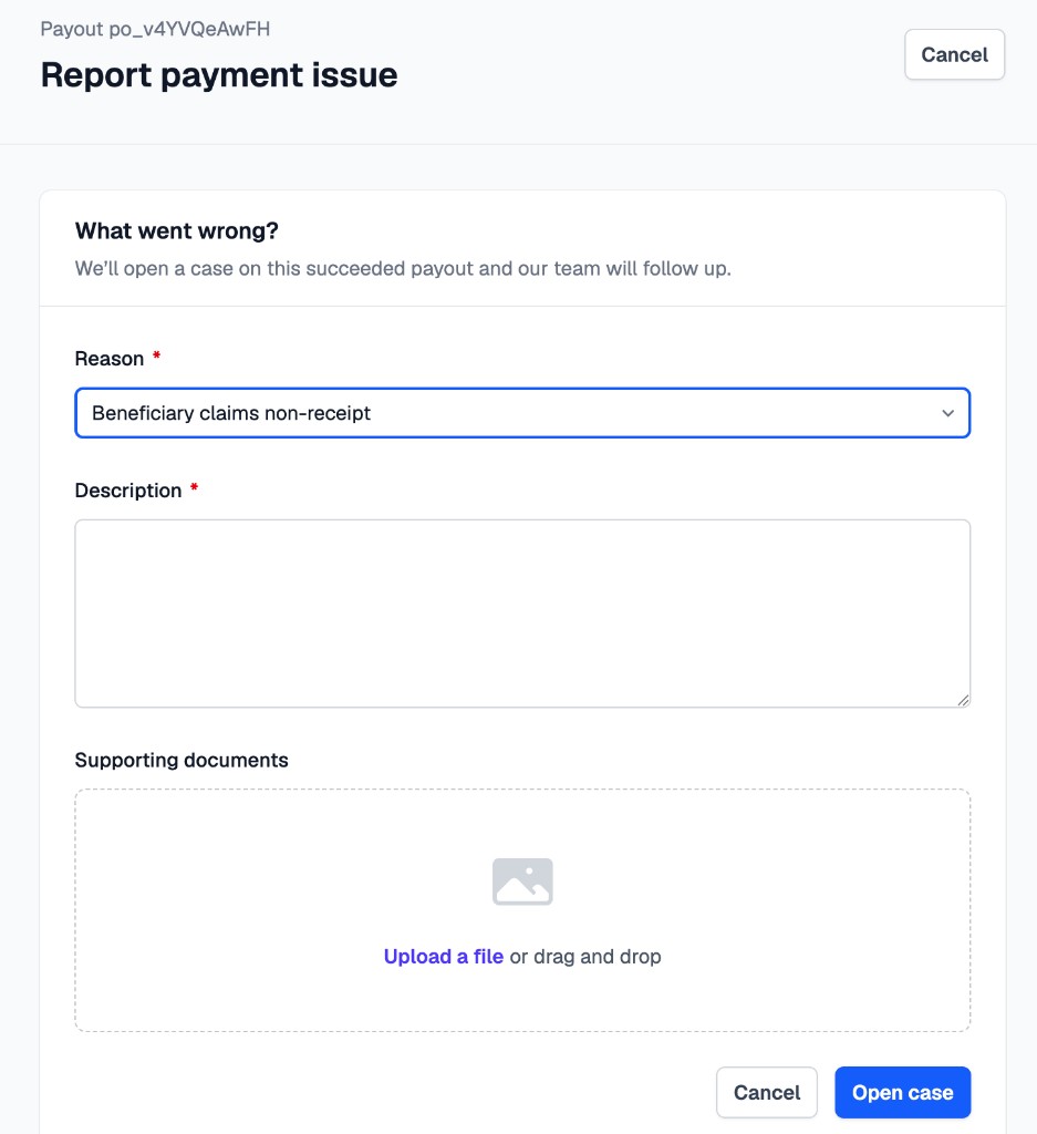 Report payment issue form, with a reason, description, and a place to attach supporting documents