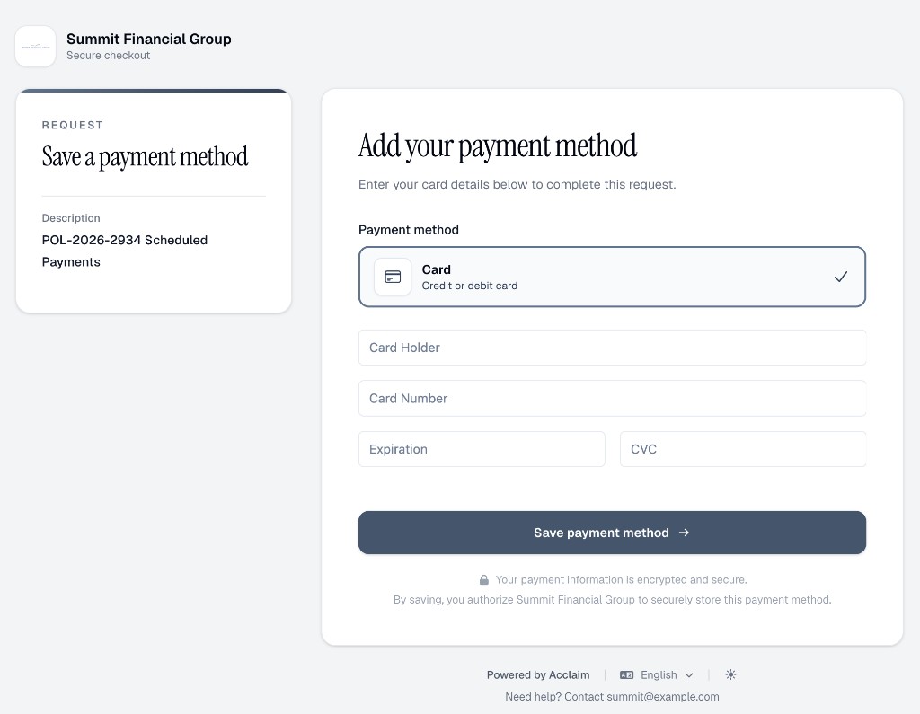 Secure checkout for saving a card on a scheduled payments request